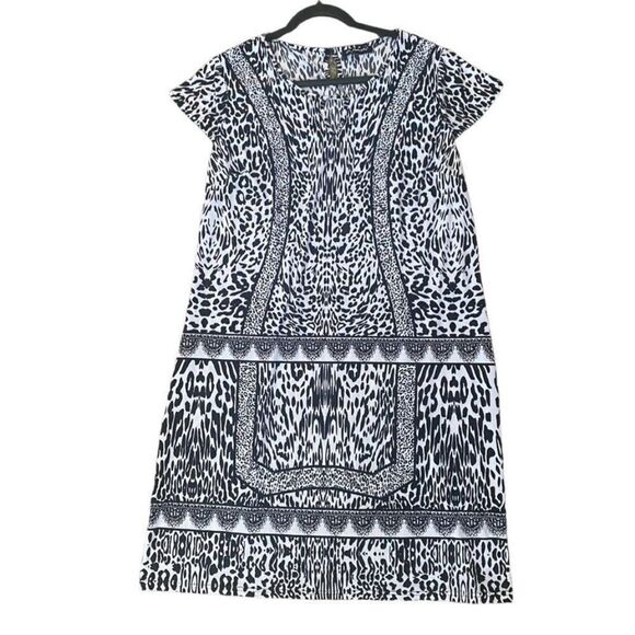 Mlle Gabrielle Black White Multi Print Cap Sleeve Dress Size 2X Stretch - Picture 1 of 8